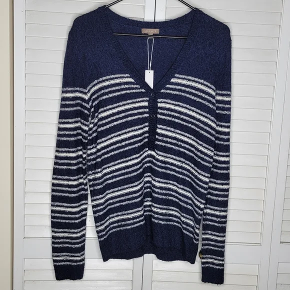 Lilla P Stripe Terry Henley Pullover Sweater Blue/Cream MEDIUM & LARGE NWT - Picture 2 of 12